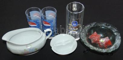 Vegyes bolhapiac tétel: üveg tál vízen úszó gyertyával, hímzett terítő, porcelán szószos tál, stb