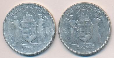 1930. 5P Ag "Horthy jobbra" (2x) T:3