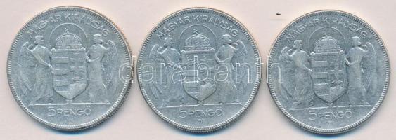 1930. 5P Ag "Horthy jobbra" (3x) T:3
