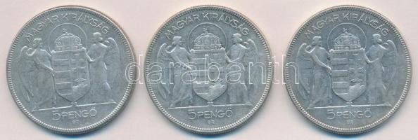 1930. 5P Ag "Horthy jobbra" (3x) T:3