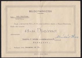1948. "48-as Díszérem" kitüntetés, szalaggal eredeti dísztokban és adományozói okirattal! ...