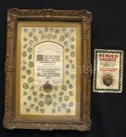 1929 Országos Magyar Hadimúzeum Egyesület Nemzeti Ereklye sorszámozott, névre szóló. Nagy-Magyarország valamennyi vármegyéjének földjéből származó földet tartalmazó emlékek. Egy bekeretezett, címereket is bemutató kép keretben 20x27 cm + Kisméretű fémtábla szintán földdel 7x10 cm