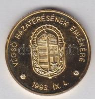 1993. "Horthy Miklós / Végső hazatérésének emlékére" aranyozott ffém emlékérem (d=40mm) dí...