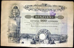 1895. "Magyar Folyam-és Tengerhajózási Részvénytársaság" részvénye 200K-ról szelvényekkel, szárazpecséttel és elővételi jog gyakorlásáról szóló pecsétekkel