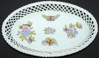 Kézzel festett Viktória-mintás sorszámozott  jelzett fonott Herendi porcelán tál / Handpainted numbered Herendi chinawale bowl 16x27cm