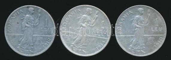 Románia 1910. 1L Ag + 1912. 1L Ag + 1914. 1L Ag T:2,2-,3 Romania 1910. 1 Lei Ag + 1912. 1L ag + 1914. 1L Ag C:XF,VF,F