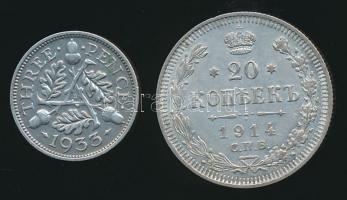 Nagy Britannia 135. 3p Ag + Oroszország 1914. 20k Ag T:2,2- Great Britain 1935. 3 pence Ag + Russia 1914. 20 kopeks Ag T:XF,VF