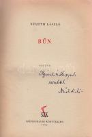 1954 Németh László: Bűn, Szépirodalmi Könyvkiadó, Bp., kiadói félvászon kötésben, megviselt állapotban, dedikált példány