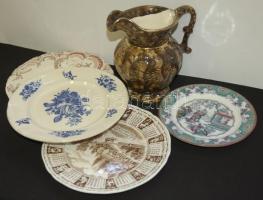 4db klf dekoratív porcelán tányér + 1db porcelán kacsó (törött, de javítva)