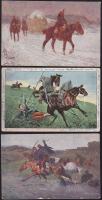3 db régi művészi Katonai / Lovas motívumlap