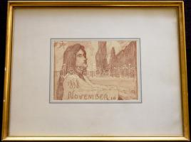 Petrik Albert (1876-1916): Férfi a zongoránál, ceruza-papír, jelzett, üvegezett keretben 23x23cm