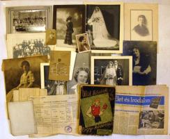 cca 1880-1960 Vegyes okmány és nyomtatvány hagyaték tétel, benne újságok, bizonyítványok, keményhátú és egyéb fotók