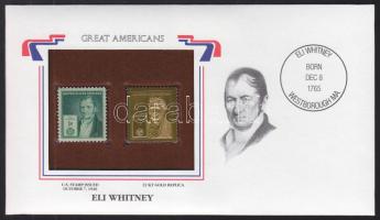 USA/Nagy Amerikaiak 1940. Eli Whitney- 22K aranyfóliás bélyeg replika és bélyeg borítékban angol nyelvű tájékoztatóval T:1 USA/Great Americans Eli Whitney-22K gold foil stamp replica and stamp in envelop with information C:Unc