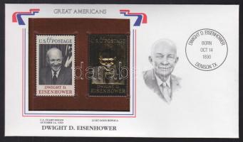 USA/"Nagy Amerikaiak" 1969. "Dwight D. Eisenhower- 22K aranyfóliás bélyeg replika és bélyeg borítékban angol nyelvű tájékoztatóval T:1 USA/"Great Americans" "Dwight D. Eisenhower-22K gold foil stamp replica and stamp in envelop with information C:Unc