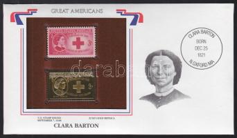 Amerikai Egyesült Államok/&quot;Nagy Amerikaiak&quot; 1948. &quot;Clara Barton- 22K aranyfóliás bélyeg replika és bélyeg borítékban angol nyelvű tájékoztatóval T:1 USA/&quot;Great Americans&quot; &quot;Clara Barton-22K gold foil stamp replica and stamp in envelop with information C:Unc