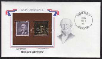 Amerikai Egyesült Államok/&quot;Nagy Amerikaiak&quot; 1961. &quot;Horace Greeley- 22K aranyfóliás bélyeg replika és bélyeg borítékban angol nyelvű tájékoztatóval T:1 &lt;br/&gt;USA/&quot;Great Americans&quot; 1961. &quot;Horace Greeley-22K gold foil stamp replica and stamp in envelop with information C:Unc