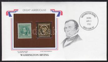 USA/&quot;Nagy Amerikaiak&quot; 1940. &quot;Washington Irving- 22K aranyfóliás bélyeg replika és bélyeg borítékban angol nyelvű tájékoztatóval T:1 USA/&quot;Great Americans&quot; 1940. &quot;Washington Irving-22K gold foil stamp replica and stamp in envelop with information C:Unc