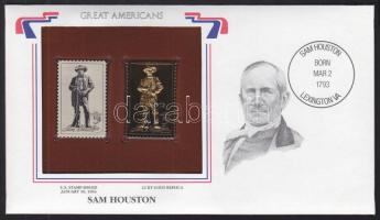 Amerikai Egyesült Államok/&quot;Nagy Amerikaiak&quot; 1964. &quot;Sam Houston- 22K aranyfóliás bélyeg replika és bélyeg borítékban angol nyelvű tájékoztatóval T:1 USA/&quot;Great Americans&quot; 1964. &quot;Sam Houston-22K gold foil stamp replica and stamp in envelop with information C:Unc