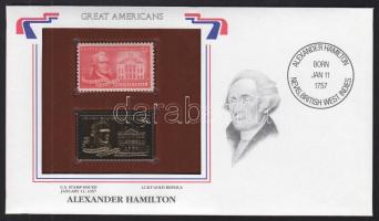 Amerikai Egyesült Államok/&quot;Nagy Amerikaiak&quot; 1957. &quot;Alexander Hamilton- 22K aranyfóliás bélyeg replika és bélyeg borítékban angol nyelvű tájékoztatóval T:1 USA/&quot;Great Americans&quot; 1957. &quot;Alexander Hamilton-22K gold foil stamp replica and stamp in envelop with information C:Unc