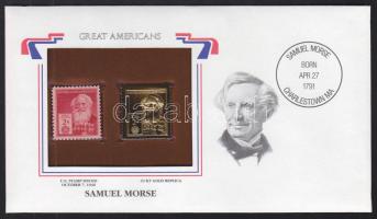 USA/"Nagy Amerikaiak" 1940. "Samuel Morse- 22K aranyfóliás bélyeg replika és bélyeg borítékban angol nyelvű tájékoztatóval T:1 USA/"Great Americans" 1940. "Samuel Morse-22K gold foil stamp replica and stamp in envelop with information C:Unc