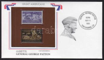 USA/"Nagy Amerikaiak" 1953. "General George Patton- 22K aranyfóliás bélyeg replika és bélyeg borítékban angol nyelvű tájékoztatóval T:1 USA/"Great Americans" 1953. "General George Patton-22K gold foil stamp replica and stamp in envelop with information C:Unc