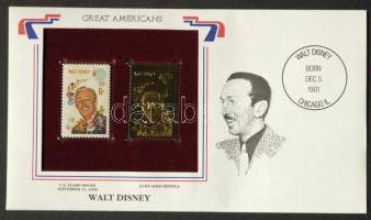 Amerikai Egyesült Államok/&quot;Nagy Amerikaiak&quot; 1968. &quot;Walt Disney 6c- 22K aranyfóliás bélyeg replika és bélyeg borítékban angol nyelvű tájékoztatóval T:1 USA/&quot;Great Americans&quot; 1968. &quot;Walt Disney 6c-22K gold foil stamp replica and stamp in envelop with information C:Unc