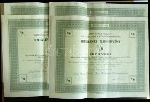 1927. "Gróf Csáky László Ajax-Acélművek Részvénytársaság" ideiglenes elismervénye 1/6 teljesen befizetett részvényről (4x) közte egymás utáni sorszámmal is