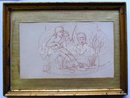 Petrik Albert (1876-1916): Fiúk a tóparton békával, ceruza-papír, jelzett, üvegezett keretben 19x25cm