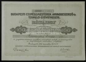 1916. Budapesti Cipészmesterek Anyagbeszerző-és Termelő Szövetkezetének részjegye 100K-ról szelvényekkel