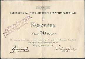 1931. Rákoscsabai Strandfürdő Részvénytársaság részvénye 50P-ről, pecsételve névérték 50%-ra csökkentéssel