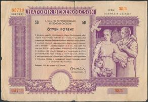 1955. "Hatodik Békekölcsön" nyereménykölcsöne 50Ft-ról szárazpecséttel (kis papírszakadások)