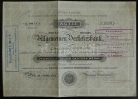 Ausztria 1873. Általános Közlekedési Bank részvénye 200G-ről felülbélyegezve Austria 1873. "Allgemeinen Verkehrsbank" share about 200 Gulden with stamping