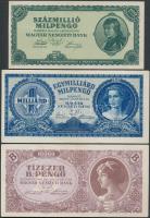 1946. 100.000.000MP + 1.000.000.000MP vágáshibás + 10.000BP T:II+,II(kettő hajtatlan)