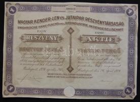 Budapest 1926. Magyar Kender,-Len-és Jutaipar Részvénytársaság részvénye 40P-ről szelvényekkel