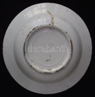 cca 1900 Kézzel festett mázas Hollóházi kerámia falitányér benyomott házas jelzéssel d: 24cm