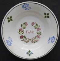 cca 1900 Kézzel festett mázas Hollóházi kerámia falitányér benyomott házas jelzéssel d: 24cm