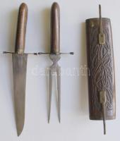 Asztali vadász késkészlet faragott fa tokban, az egyik lába hiányzik 44x8x7cm