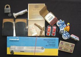 Vegyes bolhapiac tétel: Masszírozógép, lemezárugyári játékok, szivardobozok, tv csövek