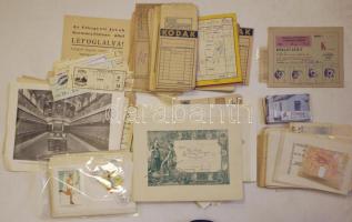 Vegyes okmány, nyomtatvány és egyéb tétel: közlekedési és egyéb jegyek, igazolványok, némi telefonkártya, gyufacímke