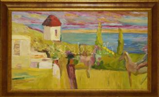 Schéner Mihály (1923-2009): Látogatás, olaj, farost, jelzett, keretben 50x70 cm (Nagyházi Eredetiség igazolással)