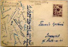 1956 Jugoszláv-magyar válogatott labdarúgó mérkőzés játékosainak aláírása, benne sok Aranycsapat-tag