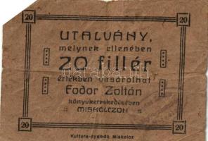 Miskolc 20f utalvány "Fodor Zoltán Könyvkereskedés" (2x) kétféle változat, egyik felülbély...