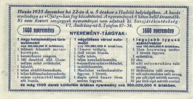 1925. Hadirokkantak, Hadiözvegyek, Hadiárvák Nemzeti Szövetsége Tárgysorsjátéka-sorsjegy 5000K T:I-