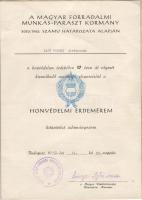 Honvédelmi Érdemérem Oklevél Czinege Lajos vezds. honvédelmi minisztertől 1967. nov. 7. alkalmából