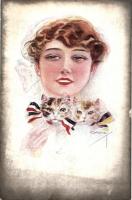 Italian art postcard, lady with cats, Austrian and German ribbons, P.F.B. No. 3947/2. s: Usabal