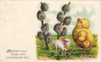 Easter, chicken, faces, lamb , litho, Húsvét, csirke, barkaágak arccal, bárány játék, litho