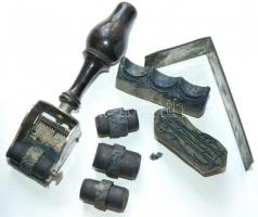 Régi kézimunka minta előnyomó bélyegző, fém dobozban + egy monogramos nyómóduc