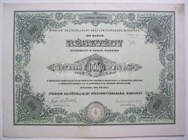 1934. "Stádium Sajtóvállalat Rt." részvénye 100x10P-ről, szelvényekkel elővételi jog gyakorlásáról szóló pecséttel