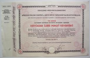 1946. Kőbányai Polgári Serfőző és Szent István Tápszerművek Részvénytársaság 2000P-ről szóló ideiglenes részvényelismervénye,nagyon szép állapotban