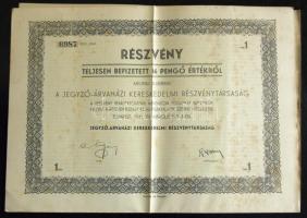 1941. A Jegyző -Árvaházi Kereskedelmi Rt. teljesen befizetett részvénye 16P-ről, szelvényekkel